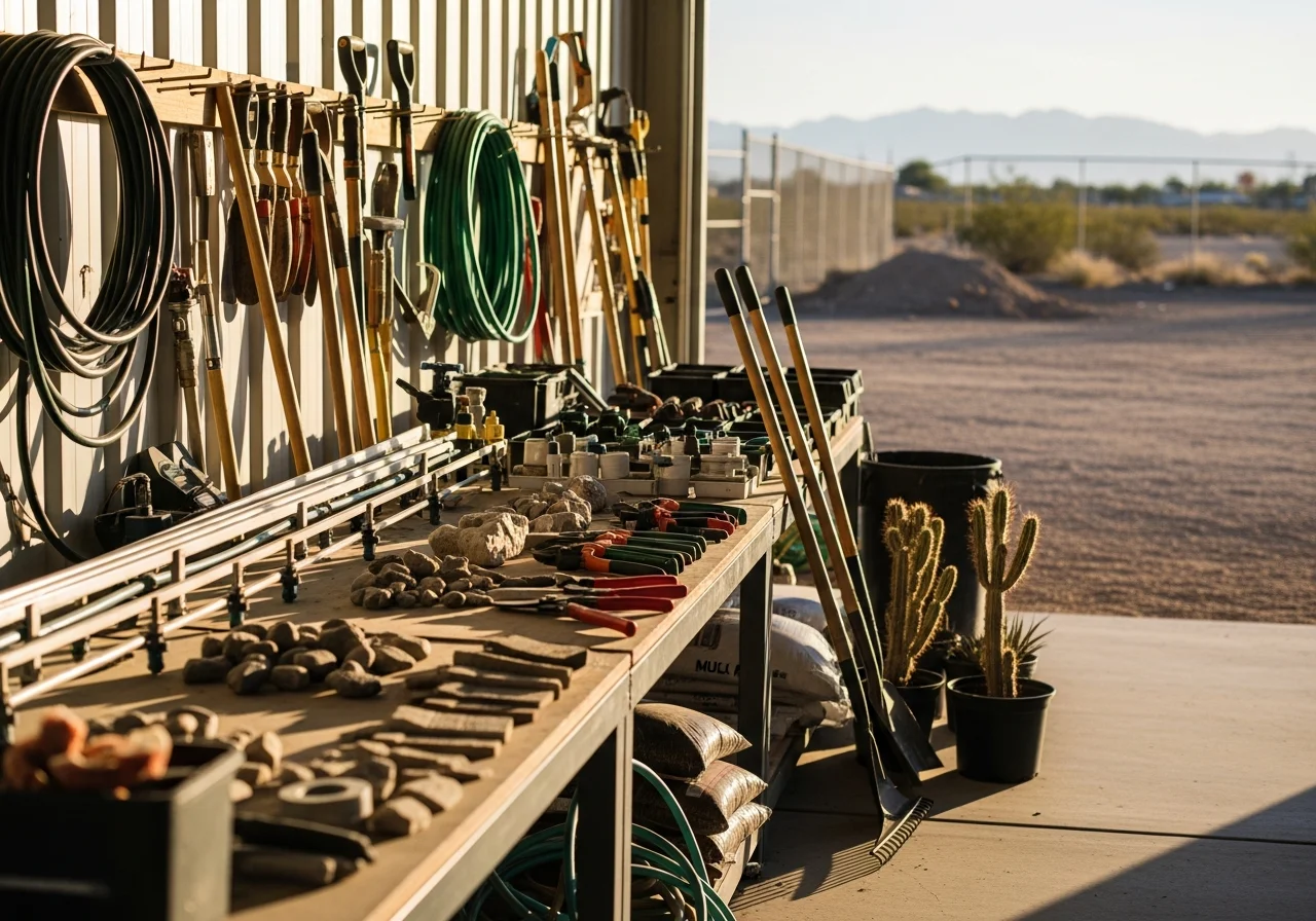 Landscaping crew with tools and equipment ready for desert yard maintenance and installation work.