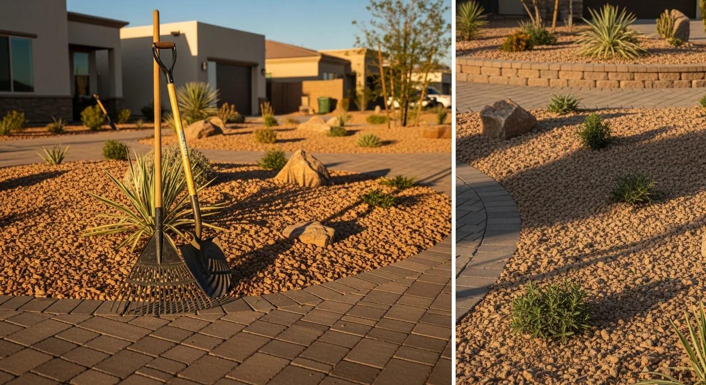 Desert landscape with native plants, hardscape features, and maintained turf in Las Vegas