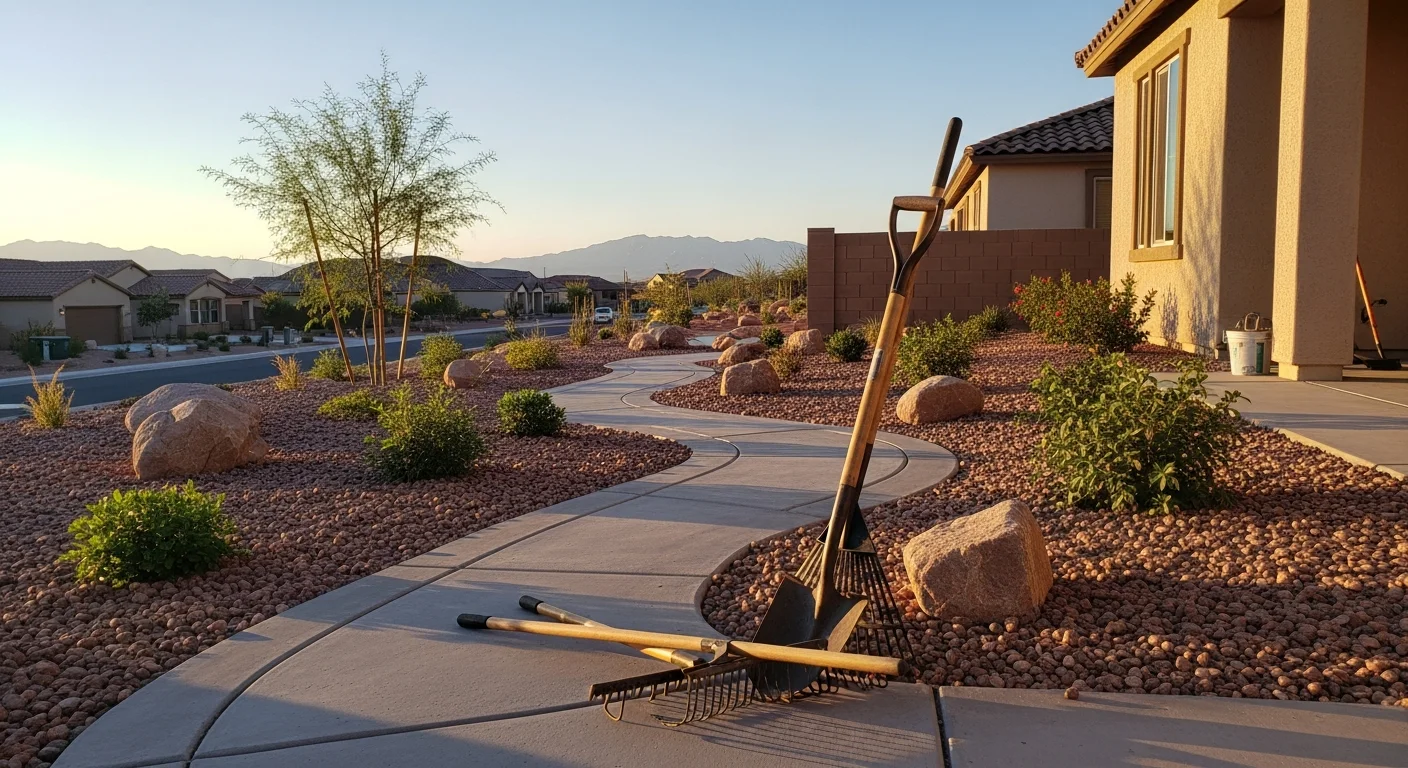Well-maintained garden beds with healthy plants and clean yard in Las Vegas
