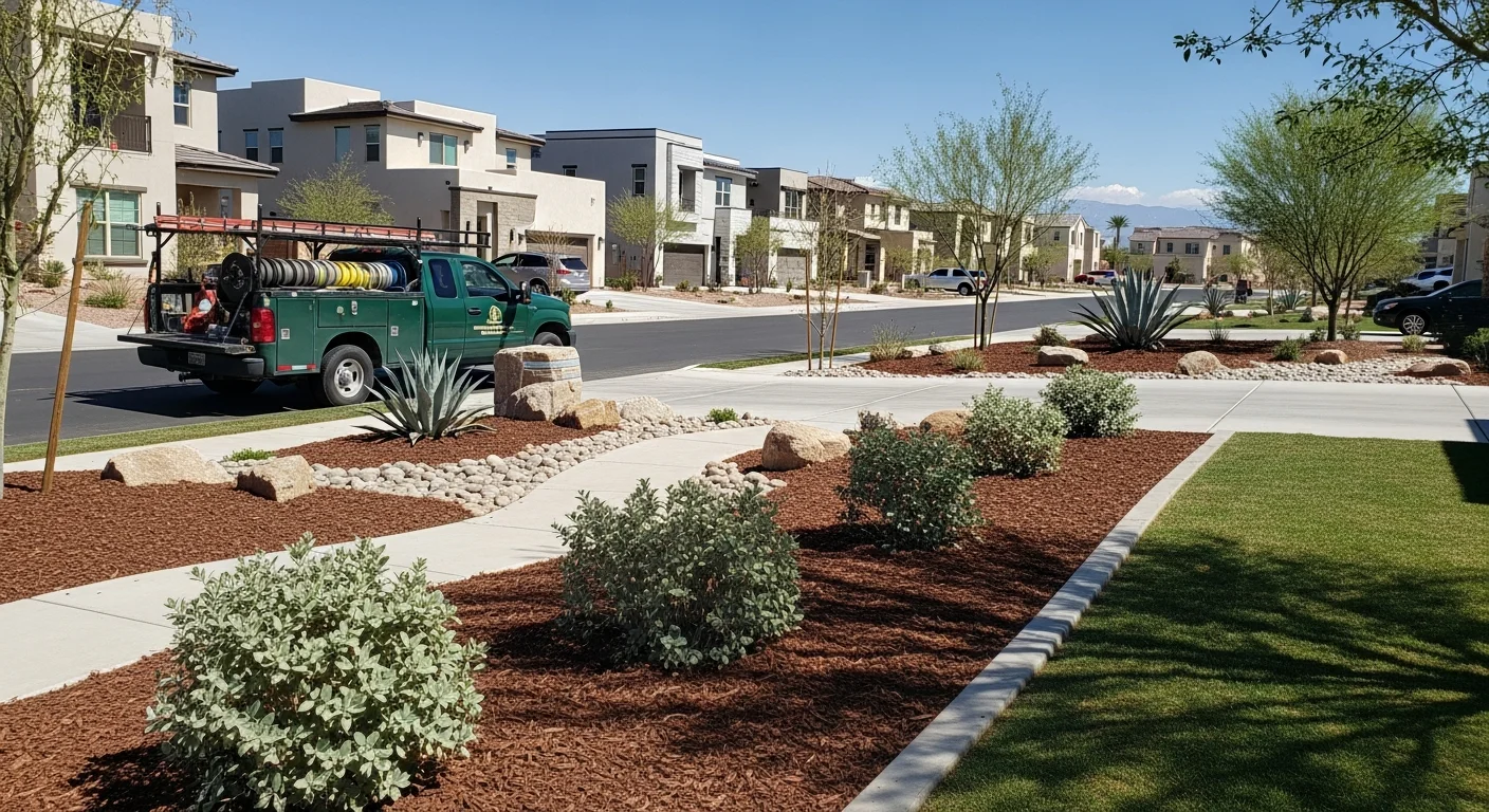 Residential street in Henderson with modern homes and desert landscaping under clear Nevada sky.