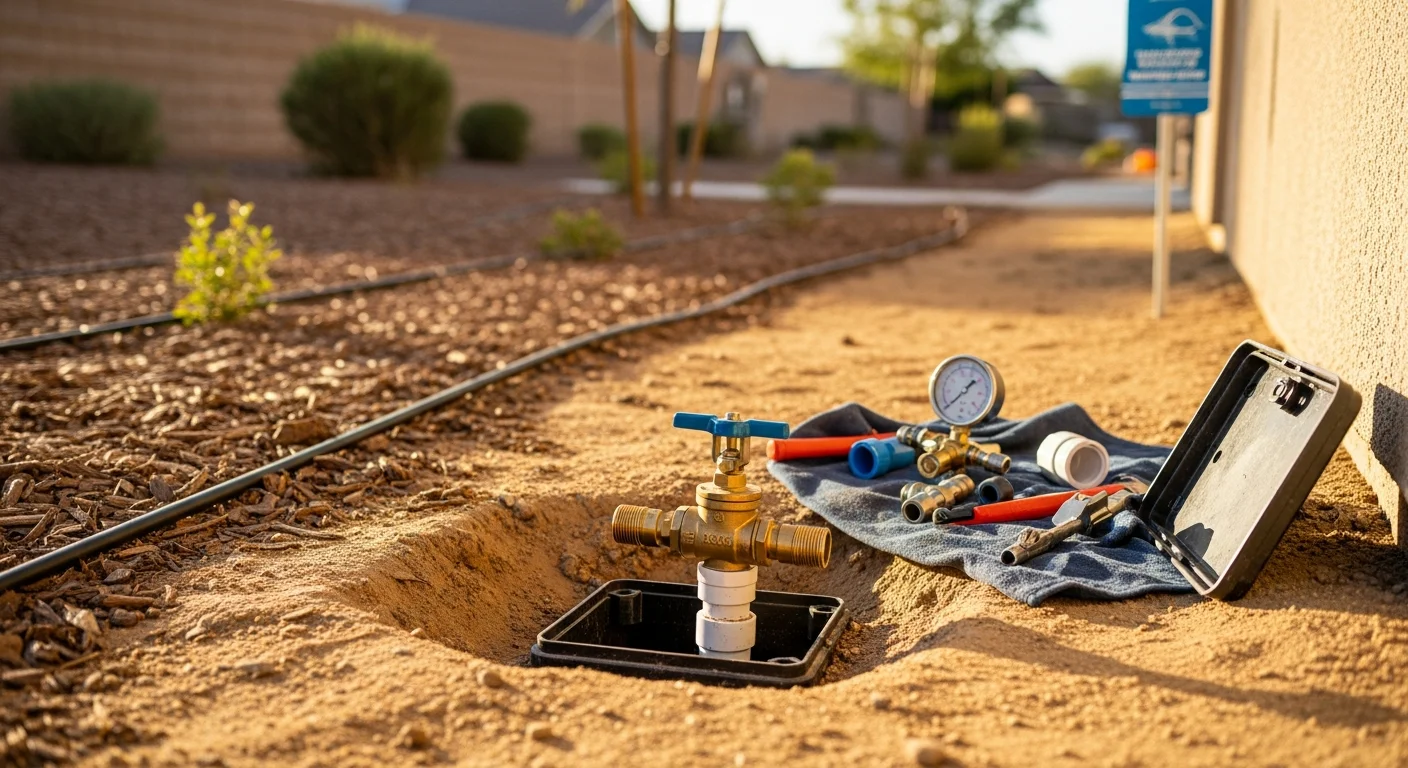 A repaired residential drip irrigation system running along a desert-landscaped front yard in Henderson, NV, with emitters positioned at the base of low-water plants. A technician adjusts a valve box set flush with the ground near the home's foundation.