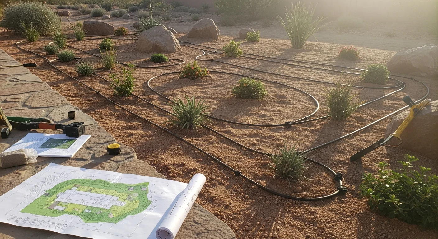 A finished residential front yard in Henderson, Nevada showing a desert landscape design with decomposed granite ground cover, drought-tolerant shrubs, and decorative boulders arranged around a paver walkway. The design reflects a water-smart xeriscape layout suited to the Mojave Desert climate.
