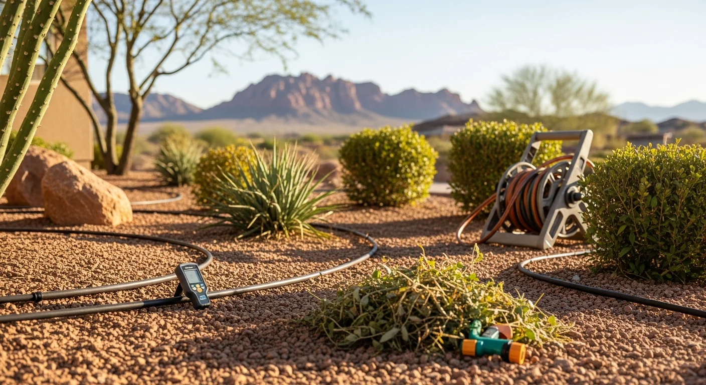 A neatly trimmed desert landscape yard in Henderson, Nevada, with shaped shrubs, clean edging along a walkway, and healthy ornamental trees under a clear blue sky. A Duer Does it Green crew member removes clippings from a maintained plant bed in a residential Las Vegas property.