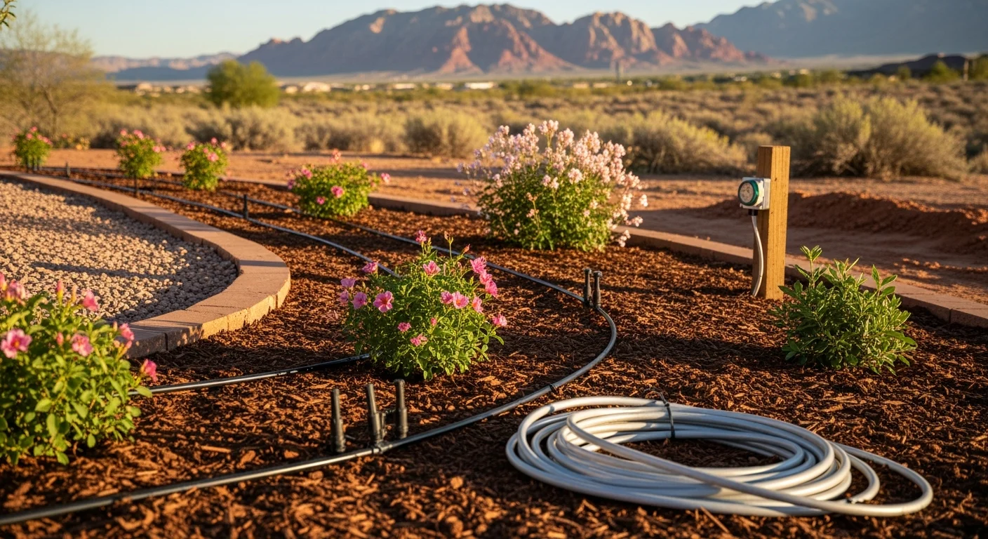 A renovated front yard at a Las Vegas residential property featuring desert-adapted plants, decorative gravel ground cover, and reconfigured drip irrigation lines running along reshaped planting beds. The finished landscape reflects a water-smart design suited to the Southern Nevada desert climate.