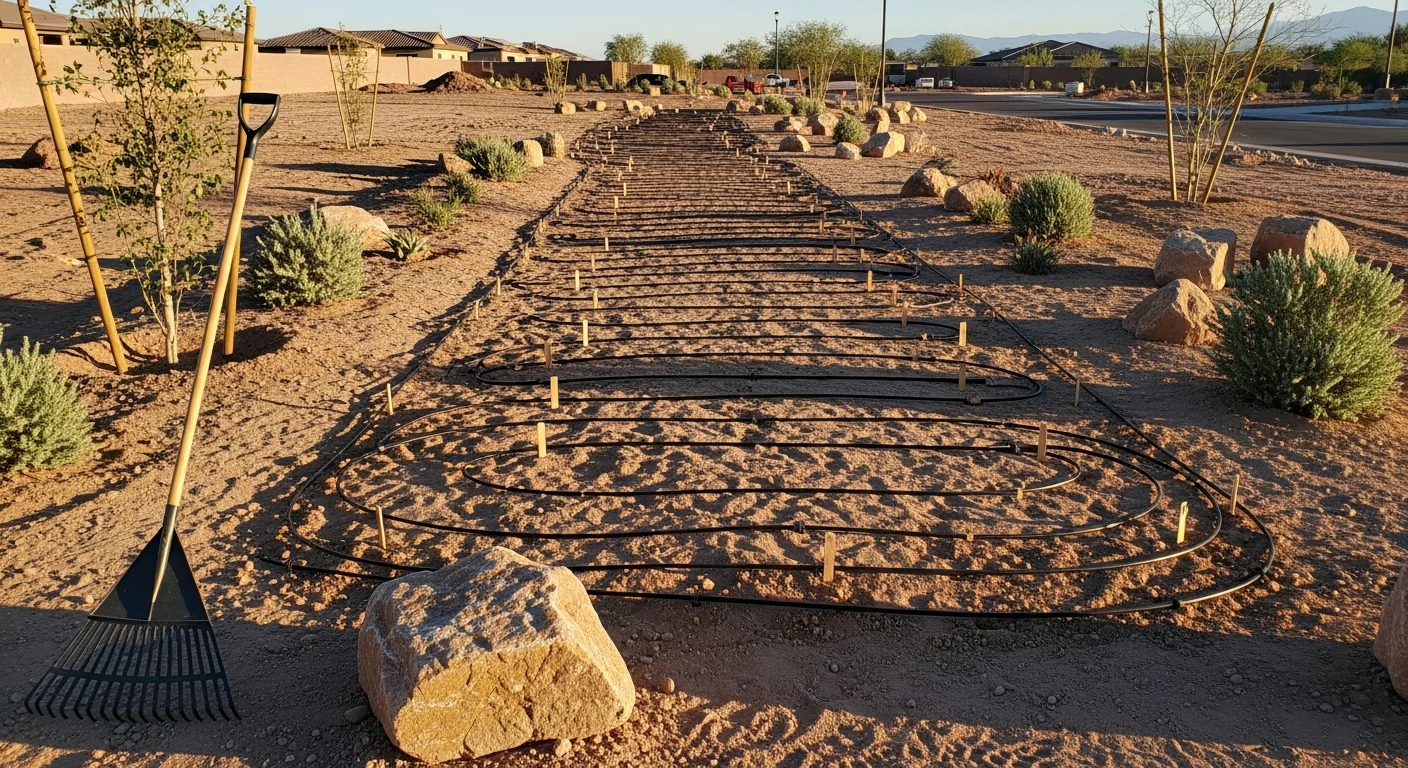 A newly completed desert landscape on a Las Vegas new construction home, featuring decorative gravel, drought-tolerant shrubs, and a drip irrigation system installed across a bare lot. The front yard shows defined walkways and low-water plantings suited to Henderson and Las Vegas climate conditions.