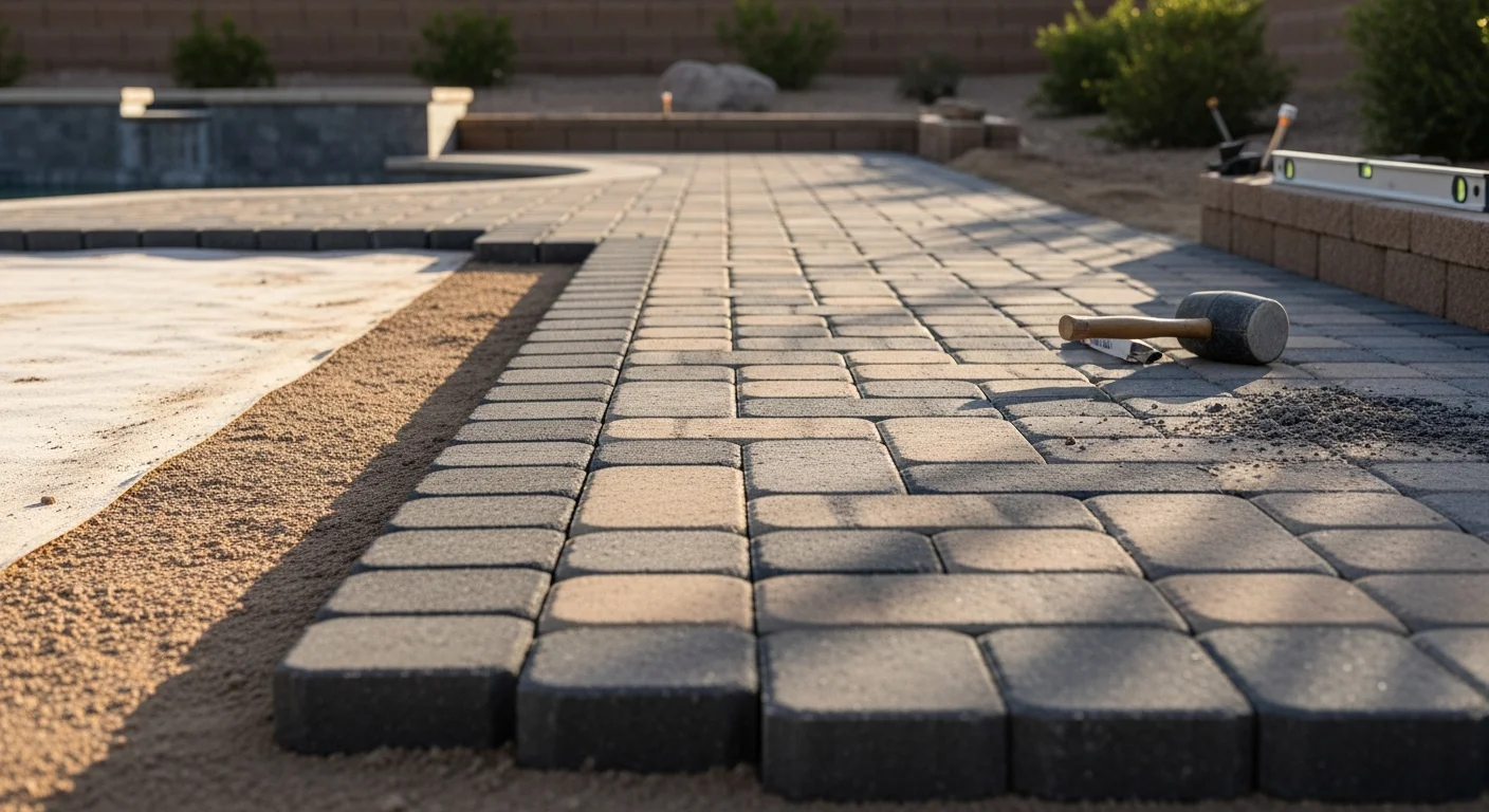 Freshly installed interlocking paver patio in a Las Vegas residential backyard, showing clean joint lines and a compacted base edge against desert landscaping. A connected walkway leads from the patio toward the home's rear entry in a Henderson-area property.