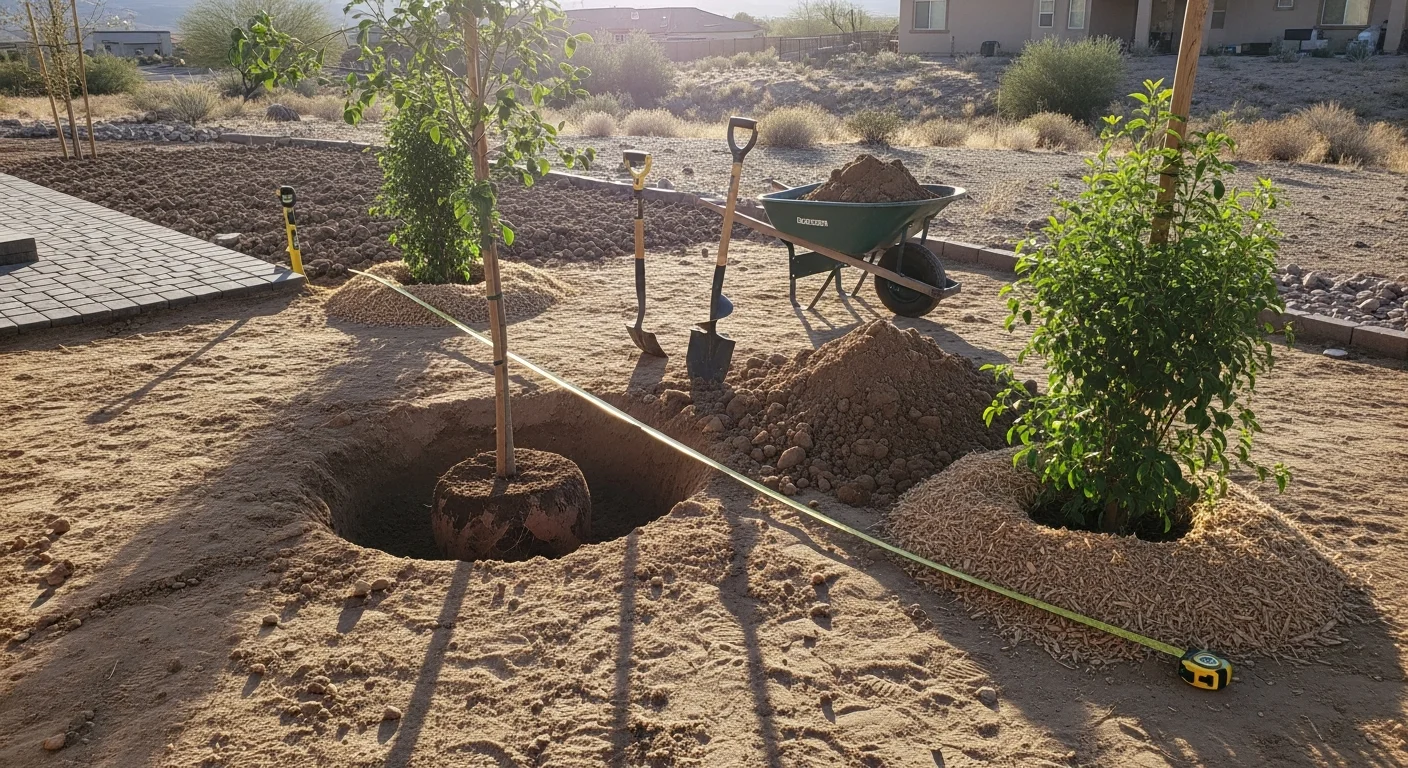 A newly installed desert-adapted shade tree planted in a Las Vegas residential backyard, with a clean soil well formed around the base and a xeriscape landscape in the background. A Henderson homeowner's yard showing freshly installed shrubs and trees spaced for mature growth alongside decomposed granite ground cover.