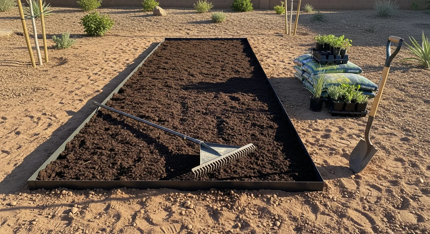 Freshly installed desert plant bed in a Las Vegas residential yard with defined edging, amended soil, and drought-tolerant plants arranged in a clean border along a home's exterior. The bed shows structured rows of low-water plants suited to Henderson and Las Vegas desert conditions.