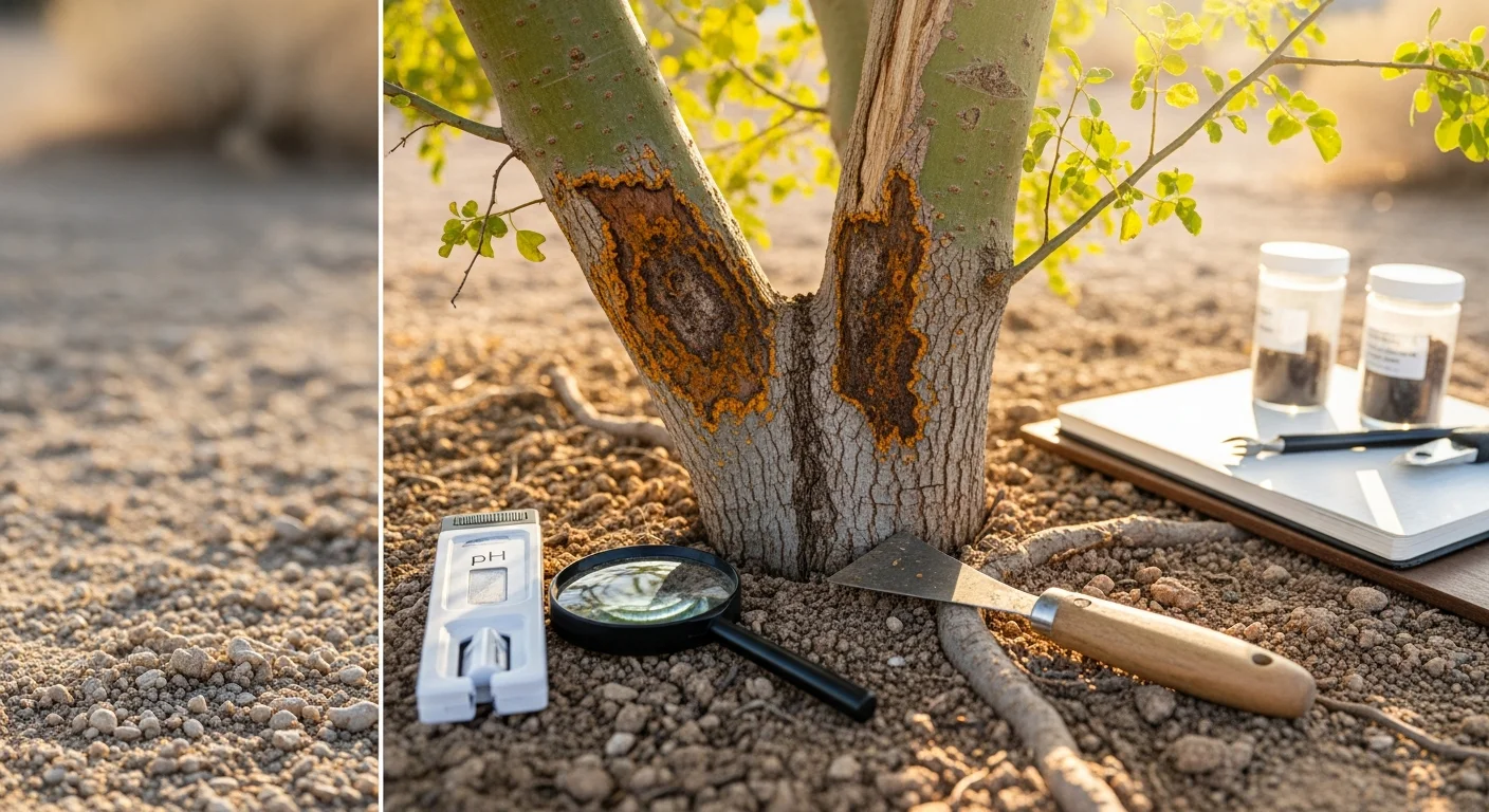 A lawn and garden professional inspecting yellowing shrub leaves in a Henderson, Nevada residential yard. Close-up view of discolored foliage being examined for signs of pest damage or nutrient deficiency in a desert landscape setting.