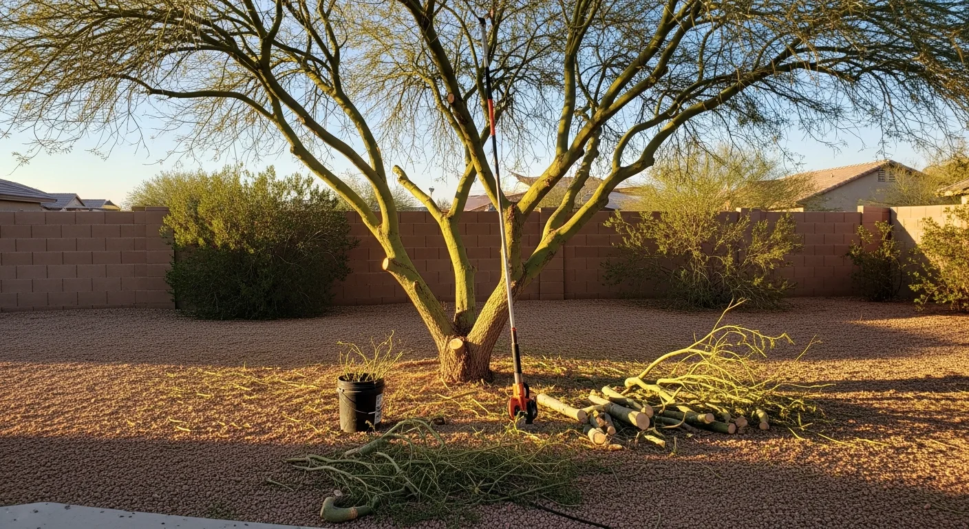 A neatly trimmed palo verde tree in a Las Vegas residential yard, with a clean canopy and no visible deadwood. A crew member from Duer Does it Green stands nearby with trimming equipment on a sunny Southern Nevada afternoon.