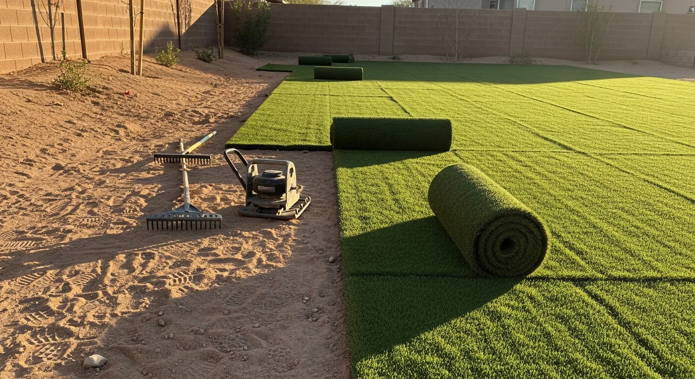 Freshly installed artificial turf covering a residential backyard in Henderson, Nevada, with clean edges along a concrete border and a desert-landscaped perimeter. The green turf surface contrasts with the surrounding rock and gravel typical of Southern Nevada yards.