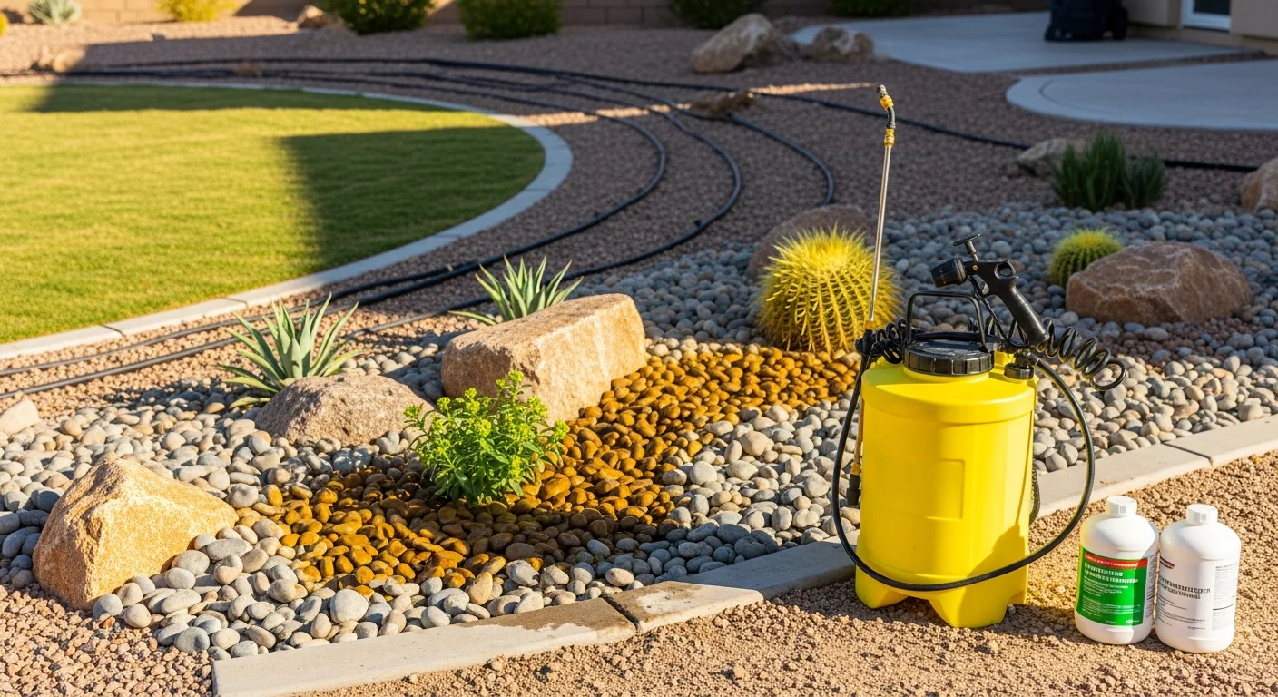 A Henderson desert landscape with clean decorative rock beds and no visible weed growth after professional pre-emergent treatment. A lawn care technician applies spot treatment along a planter border in a Las Vegas residential yard.