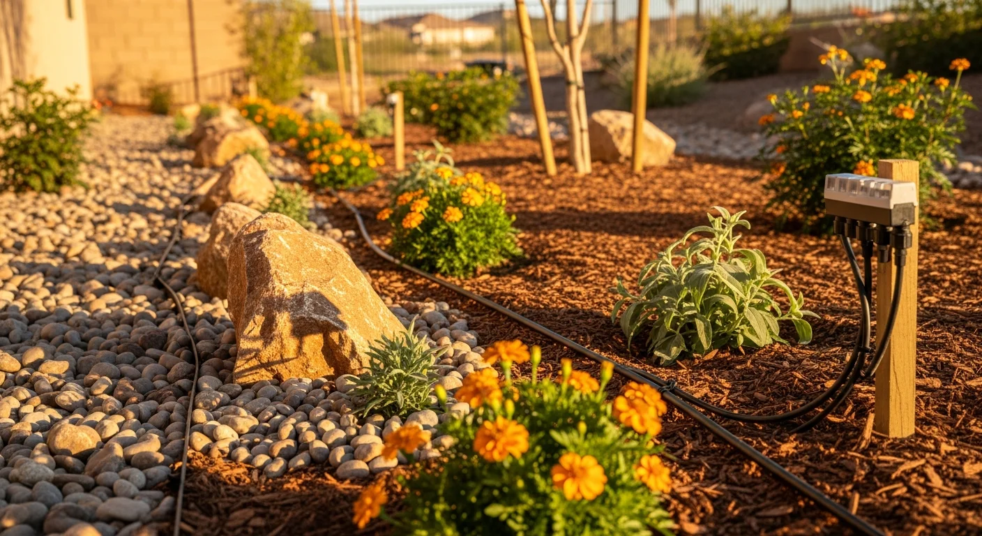 A finished front yard xeriscape in Henderson, Nevada showing drought-tolerant shrubs, decorative gravel, and structured rock borders replacing a traditional grass lawn. A drip irrigation line runs along the base of desert plants under a clear Mojave sky.