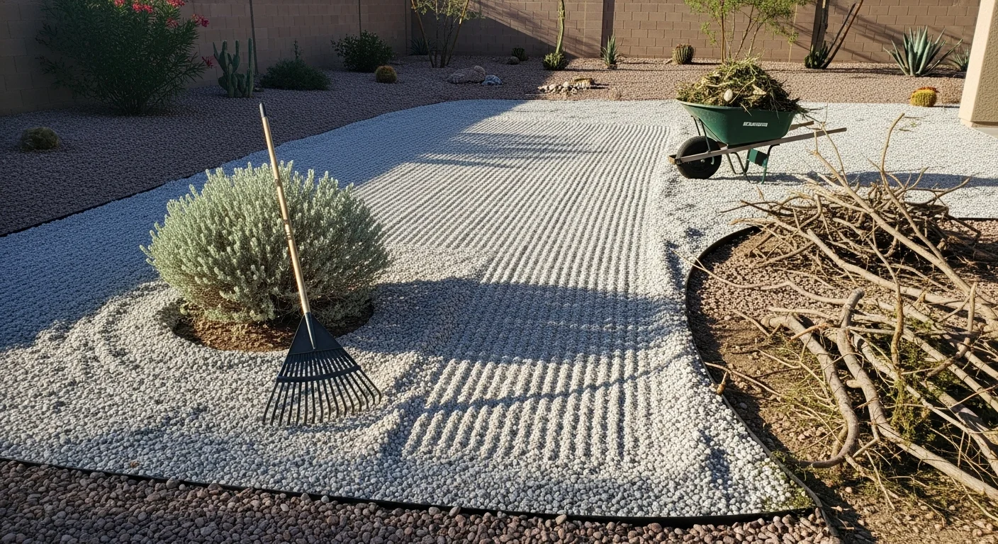 A Henderson residential yard after professional cleanup, showing cleared gravel beds, removed branch debris, and clean paved walkways. Desert landscaping with raked rock surfaces and open drainage channels visible along the property edge.
